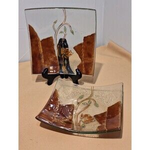 Pair of Eterno Hand Made Fused Art Glass Curved Square Plate Floral Desert 7.5"